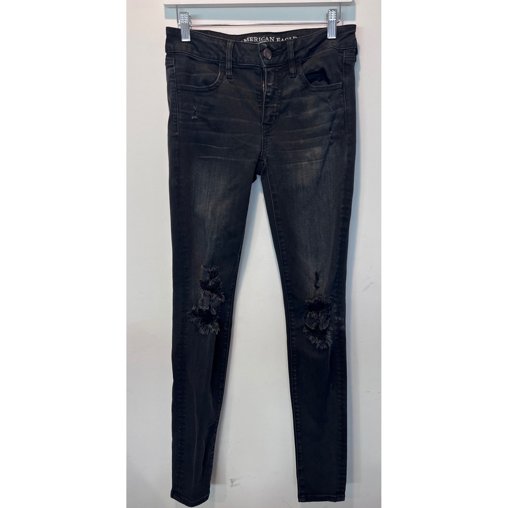 American Eagle Jeggings Black Wash Distressed Ripped Super Stretch Jeans‎